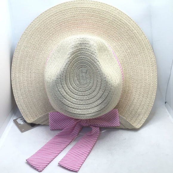 Styline Women’s Light Beige Folded Straw Panama Hat with Pink Striped Band & Bow - Picture 6 of 8